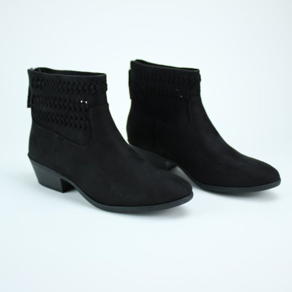 Black Ankle Boots Braided Woven Faux Suede Booties - Picture 6 of 8
